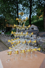 A tall stack of champagne glasses with a pineapple on top. The scene is set in a garden or outdoor area