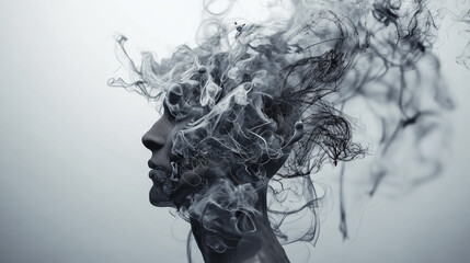 Fototapeta premium A person stands with their head enveloped in a misty cloud. The concept of depression, confusion, contemplation, addiction, loneliness, and metal health. Generative AI.