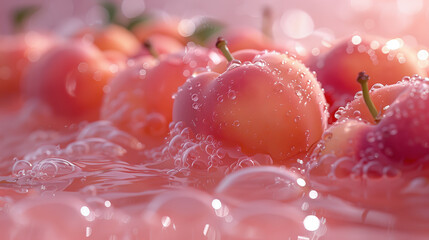 fresh peaches floating in a peachy pink pool with pink tiles
