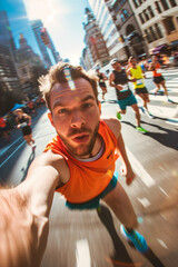 A crowd of marathon runners, participants running a half marathon through the streets of the city, a crowd of runners jogging in motion, group training of athletes outdoors.