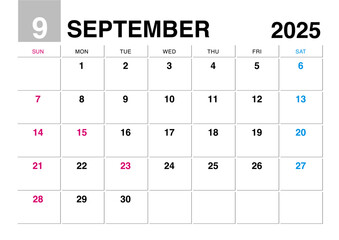 2025年9月のカレンダー日曜始まり