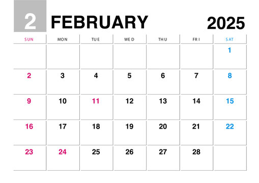 2025年2月のカレンダー日曜始まり