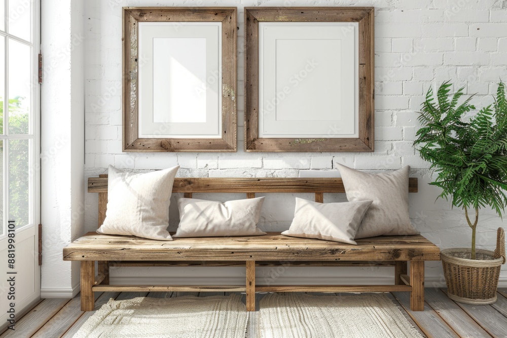 Poster A simple wooden bench in front of a window, perfect for reading or relaxing