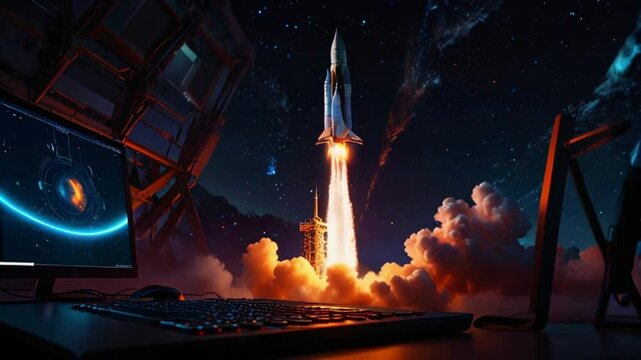 A rocket ship is launching from a launch pad. The rocket is surrounded by flames and smoke, and there are stars in the background.