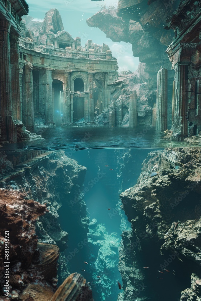 Poster Underwater scene with a building and a pool in the background, great for water-themed designs or architectural concepts