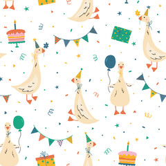 Birthday party background with funny geese. Seamless funny pattern with goos, gift box, cake and birthday caps. Hand draw cute duck in doodle style. For textiles, clothing, bed linen, office supplies.