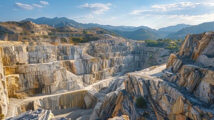 An expansive quarry with exposed rock layers under a bright clear sky, showcasing mining processes and geological formations.