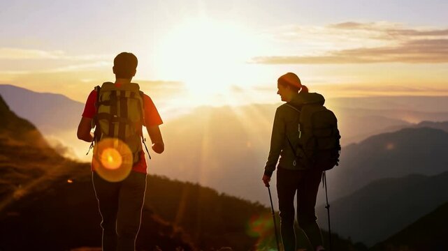 Two people are walking on a mountain trail, one of them wearing a backpack. The sun is setting in the background, casting a warm glow over the landscape