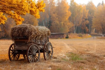 Autumn scene with an old wooden wagon filled with hay bales, set against a backdrop of vibrant fall foliage in a golden field.