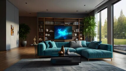 A living room with a large blue couch, coffee table, television, and plants.