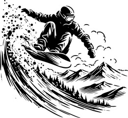 a snowboarder jumping from a snowy slide raises splashes of snow against the background of mountains vector illustration