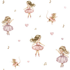 Watercolor seamless pattern with cute little ballerinas and mouse. Hand drawn illustration heart and notes or treble clef on isolated background. Background for girl textile with dancing in pink dress © Ekatmart