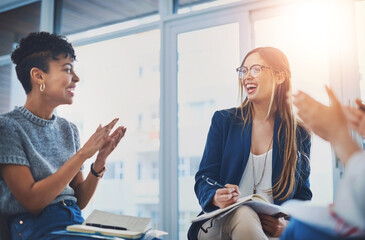 Creative, business and people in workshop with applause, support and happy feedback for idea...