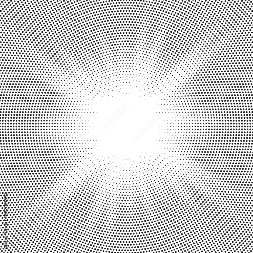 Poster Halftone gradient sun rays pattern. abstract halftone vector dots background. monochrome dots pattern. pop art, comic small dots. star rays halftone poster. shine, explosion. sunrise rays background.	