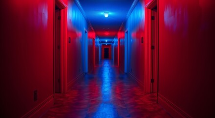 A dimly lit corridor bathed in eerie red and blue lights, creating a suspenseful and unsettling atmosphere.