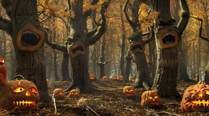 Spooky forest where the trees have faces and jack-o'-lanterns pumpkin grow from the ground, halloween surreal concept .
