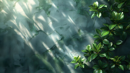 Sunlit green leaves with shadow play on a rough textured wall creating a tranquil natural atmosphere in a forest or garden setting.