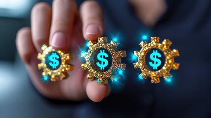 Close-up of a hand holding digital cogwheels with glowing dollar signs, symbolizing financial technology and innovation in cryptocurrency.