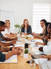 Diversity, brainstorming and happy woman in office for business meeting, teamwork and planning for project. Ceo, smile and discussion in conference room for agenda, ideas and collaboration for career