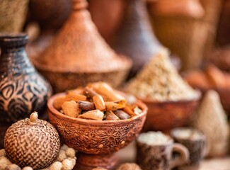 Souvenirs on the Jamaa el Fna market in old Medina, Marrakesh, Morocco, closeup