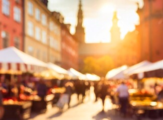 Sweden, Sodermanland, Stockholm, Market in town square unfocused