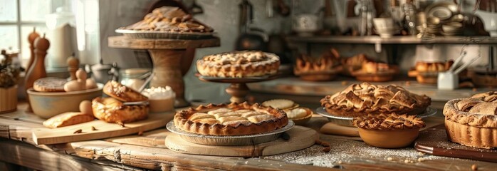 Fototapeta premium Rustic kitchen with freshly baked pies on a wooden table, creating a cozy and inviting atmosphere.