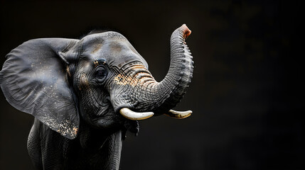 Obraz premium Portrait of a happy smiling elephant with tusks and raised trunk, isolated on a black background with copy space, conveying a sense of majesty and friendliness.