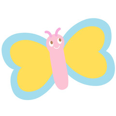 Illustration of happy butterfly for animal, spring, summer, flower, floral print, cartoon character, comic, mascot, cute patches, brooch, shirt print, plush toy, kid doll, nature, garden, blossom, ads