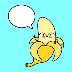 Banana with speech bubble. Vector hand drawn cartoon kawaii character illustration icon. Isolated on blue background. Chocolate Banana character concept