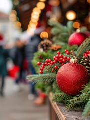 Festive holiday market with decorations, shoppers, Christmas shopping, joyful atmosphere, copy space, focus on objects, deep depth of field.