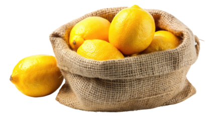 A few tangy lemons with a burlap bag isolated on a transparent background