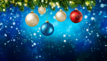 Christmas decoration blue light bokeh copy space text background