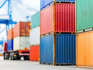 Close-up of truck loading containers at port with detailed logistics process, copy space for text, covering all objects, deep depth of field.