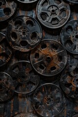 A collection of old rusty wheels stacked on a wooden floor, ideal for use in industrial or mechanical themed contexts
