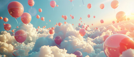 Fototapeta premium Colorful balloons floating in sky with illusory clouds, birthday atmosphere