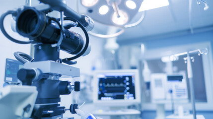 surgical equipment in close-up, the interior of a surgical operating room with a computer for surgical research, medical care. Digital equipment on a blurred background