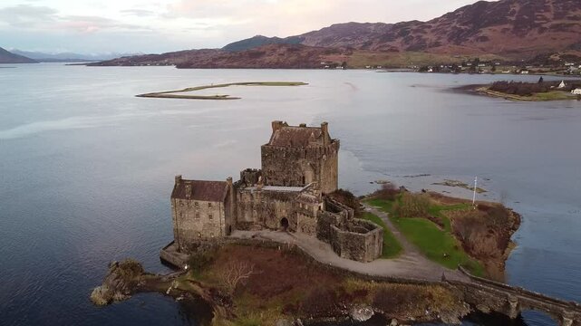 Eilean Donan Castle aerial view, Scotland