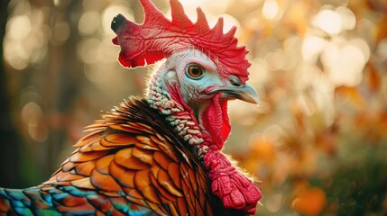 Close-up of a vibrant turkey with colorful feathers, captured in natural lighting with an autumn background, showcasing its vivid details.