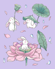 Cute rabbit and lotus illustration, small animal and plant drawing, digital art.