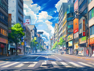 anime background illsutration, atmosphere of a empty street in the middle of a beautiful city