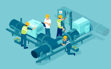 Isometric vector of an engineer worker team conducting factory industrial maintenance of gas and electric installation system 