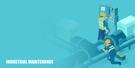 WebIsometric vector of an engineer worker team conducting factory industrial maintenance of gas and electric installation system 