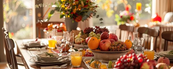 Fototapeta premium Beautifully set dining table with an assortment of fresh fruits, glasses, plates, and vibrant flowers in a cozy, sunlit room.