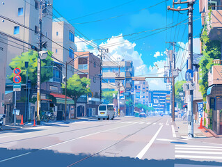 anime background illsutration, atmosphere of a empty street in the middle of a beautiful city