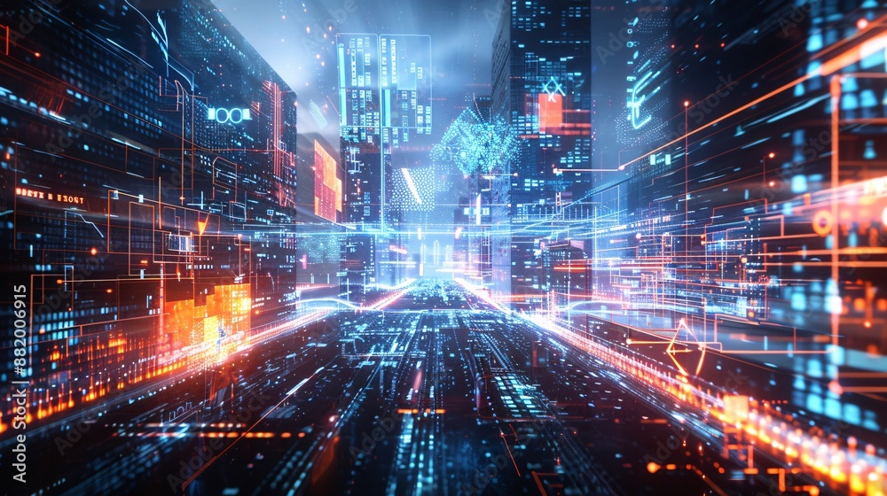 Poster a 3d rendering of a futuristic city powered by ai, with interconnected digital elements and data vis