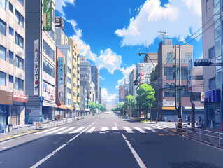 anime background illsutration, atmosphere of a empty street in the middle of a beautiful city