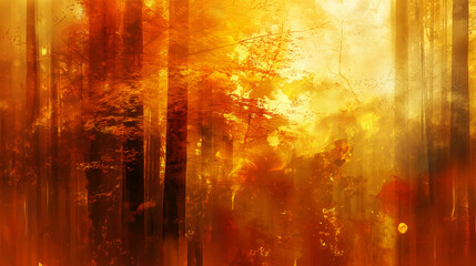 Obraz premium Artistic depiction of a vibrant autumn forest with diffused sunlight and abstract elements.