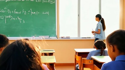 A teacher is standing in front of a green chalkboard with math equations on it. A group of students are sitting at their desks, listening to the teacher. Scene is educational and focused