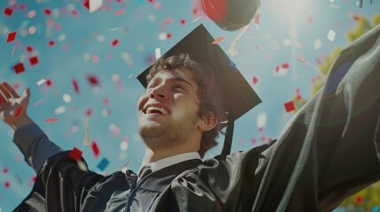 A person celebrating their graduation with confetti, suitable for use in education or personal achievements