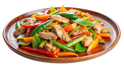 Stir fried pork is beautifully organized with a set of vegetables (slices of bell peppers, bok choy, snow peas, and carrots) served on a brown plate isolated on a transparent background